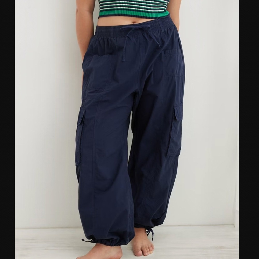 Aerie Navy Blue Cargo Parachute Pants Baggy Drawstring XS Oversized Gorpcore